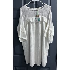 Umgee Embroidered Ruffle Baby Doll Tunic Dress Natural Size Large